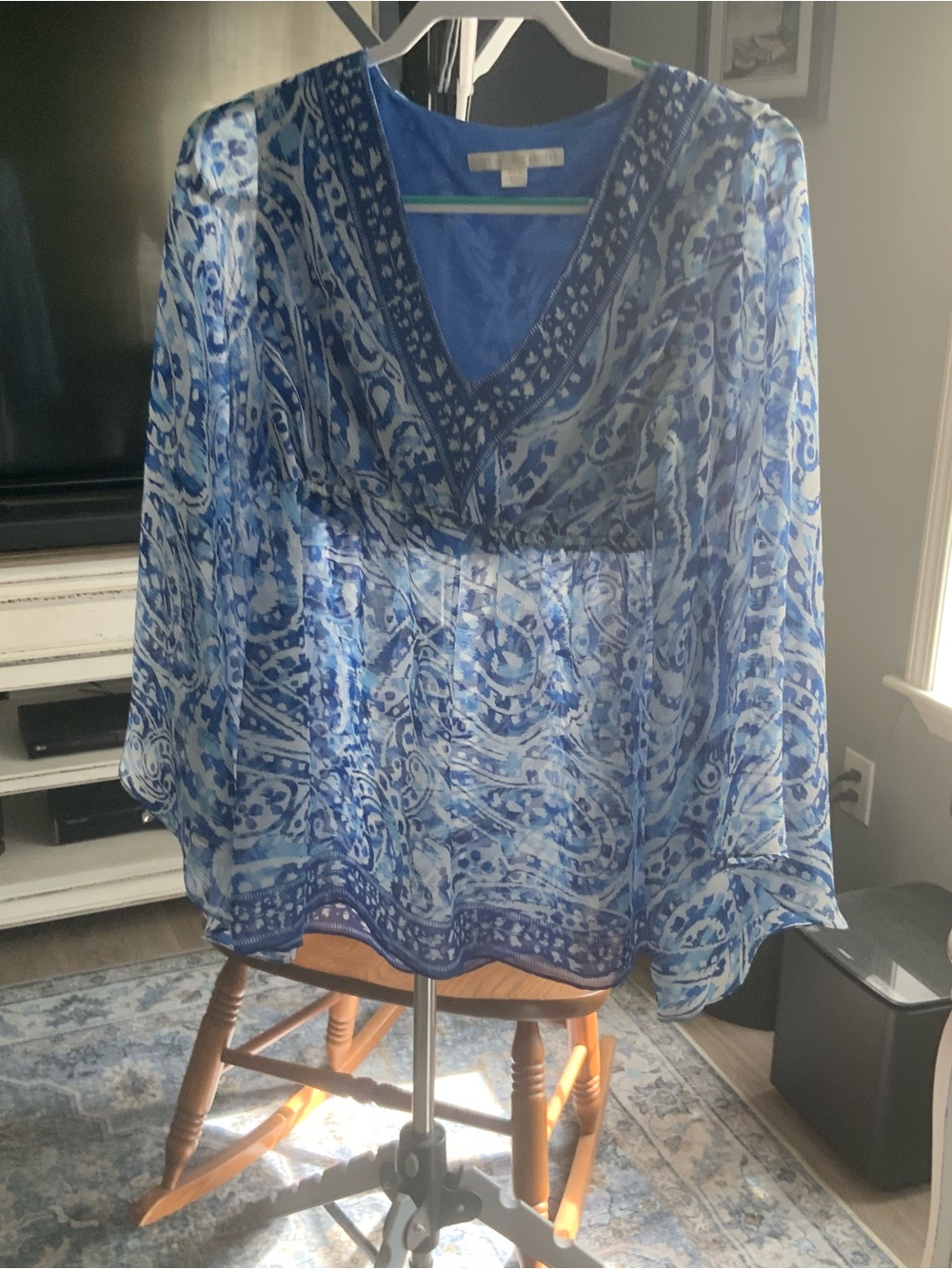 Boston Proper Blue/White Abstract Printed Long Sleeve V Neck Tunic Top Size M